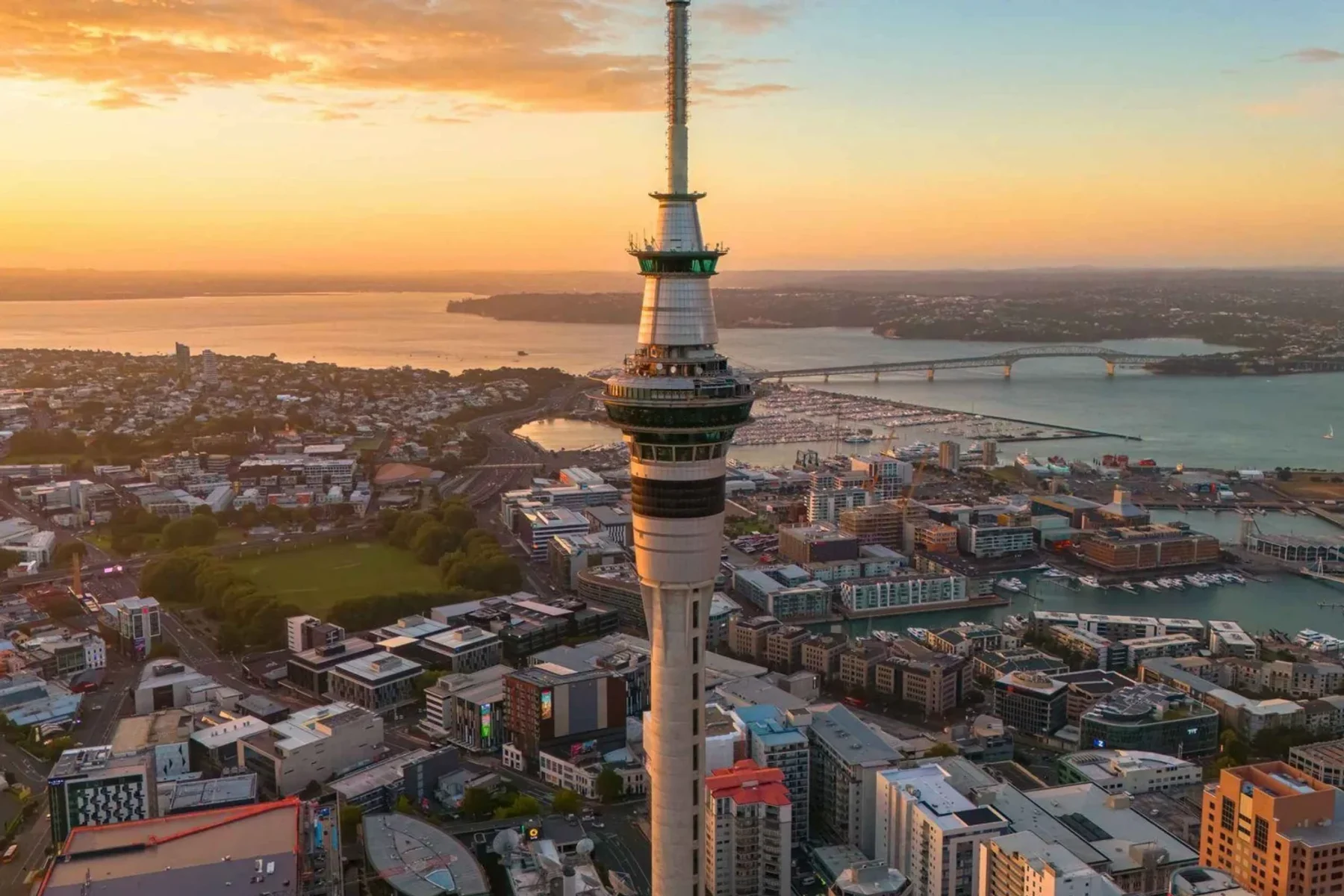 Aerial view of the Auckland Sky Tower and Waitematā Harbour at sunset